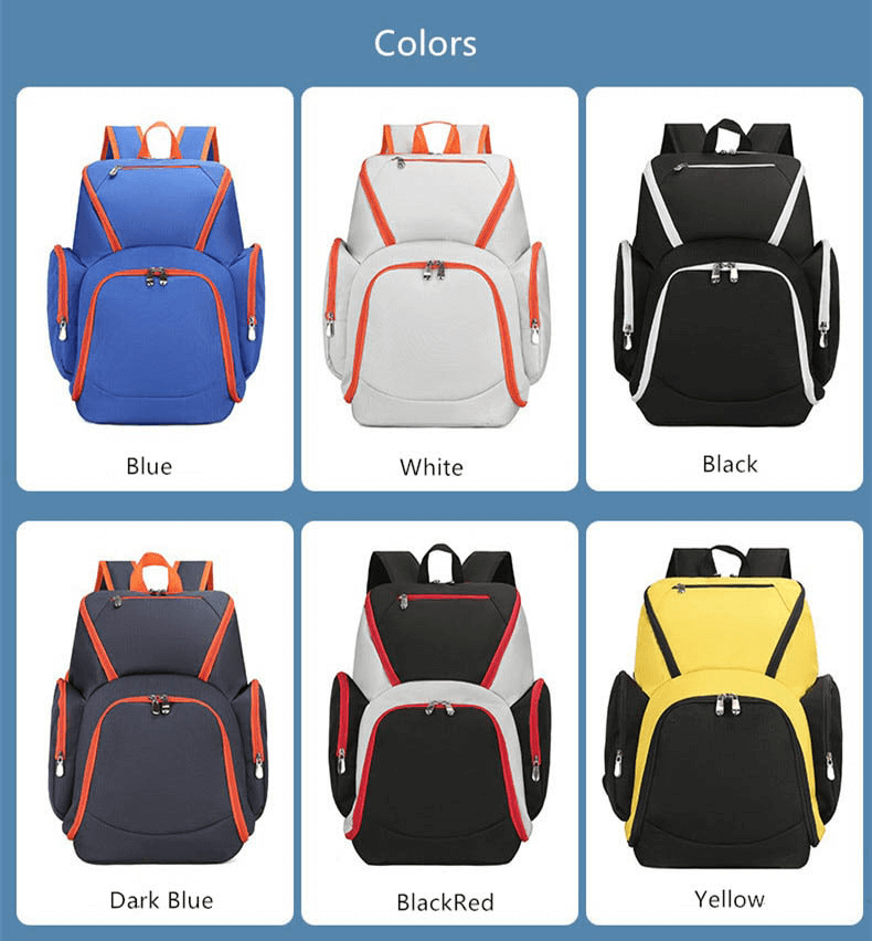 Color options for waterproof lightweight football backpack: Blue, White, Black, Dark Blue, BlackRed, Yellow with large capacity.